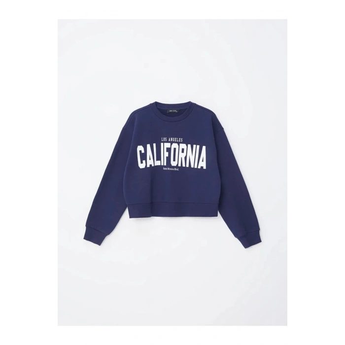 LCW Vision Lacivert Bisiklet Yaka Baskılı Oversize Kadın Sweatshirt