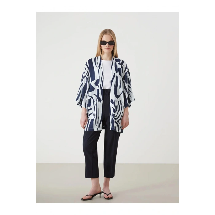 LCW Vision Lacivert Şal Yaka Desenli Keten Görünümlü Kadın Kimono