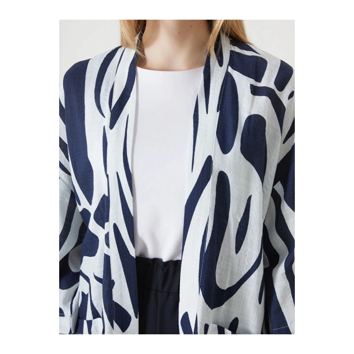 LCW Vision Lacivert Şal Yaka Desenli Keten Görünümlü Kadın Kimono