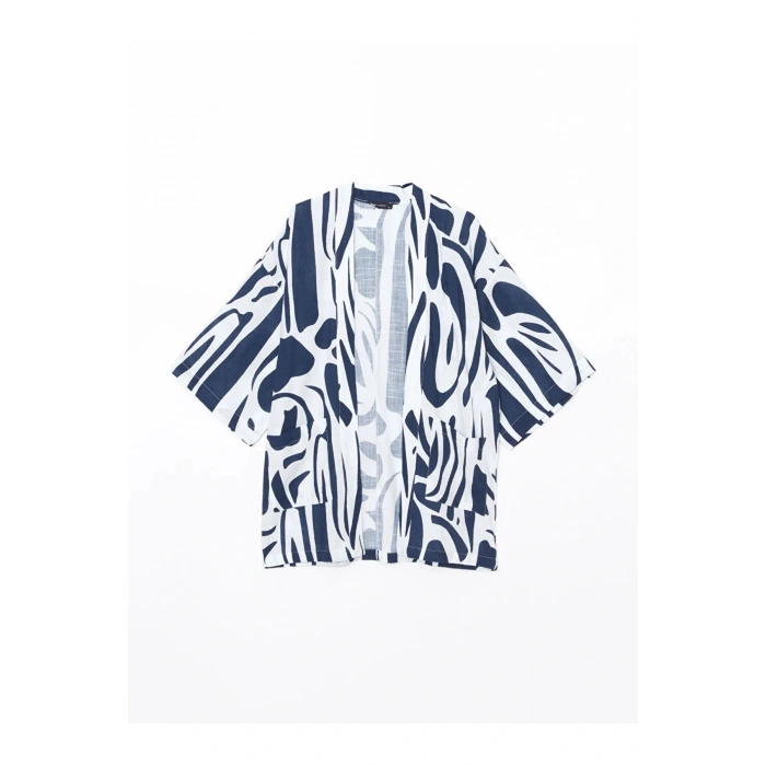 LCW Vision Lacivert Şal Yaka Desenli Keten Görünümlü Kadın Kimono