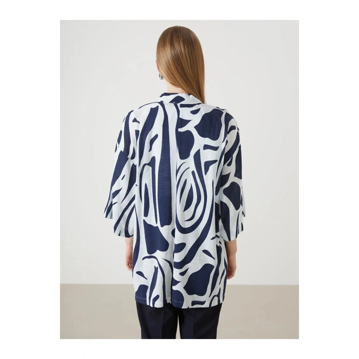 LCW Vision Lacivert Şal Yaka Desenli Keten Görünümlü Kadın Kimono