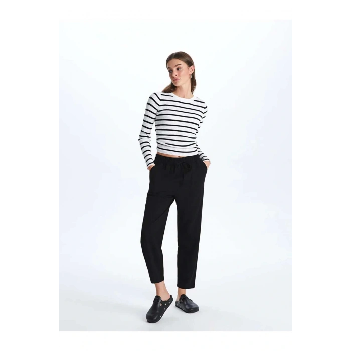 LCW Vision Siyah Beli Lastikli Düz Keten Karışımlı Kadın Pantolon