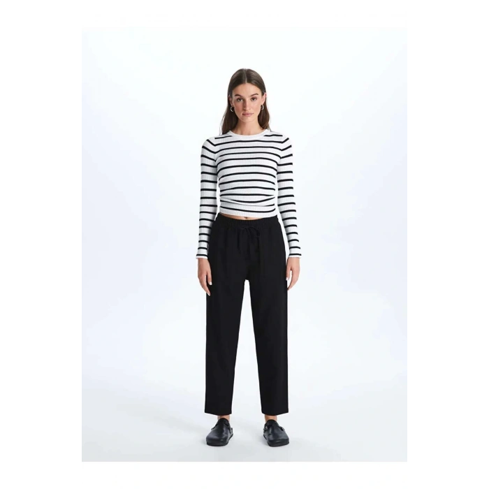 LCW Vision Siyah Beli Lastikli Düz Keten Karışımlı Kadın Pantolon