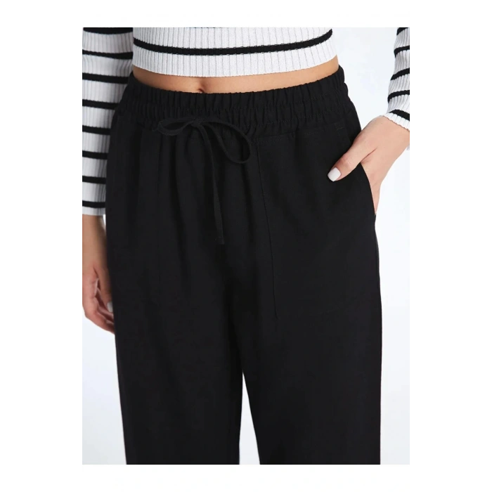 LCW Vision Siyah Beli Lastikli Düz Keten Karışımlı Kadın Pantolon