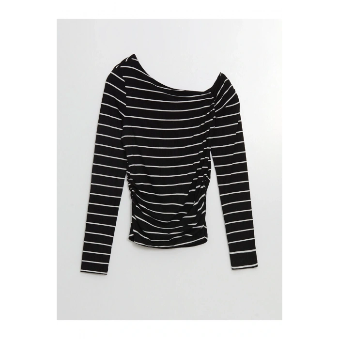 LCW Vision Siyah Kayık Yaka Çizgili Kadın Body