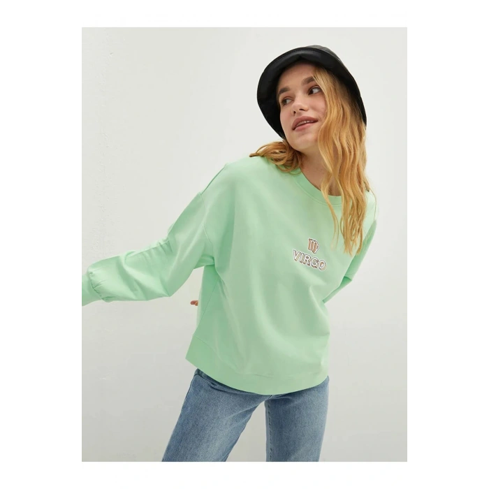 LCW Vision Yeşil Bisiklet Yaka Baskılı Uzun Kollu Kadın Sweatshirt