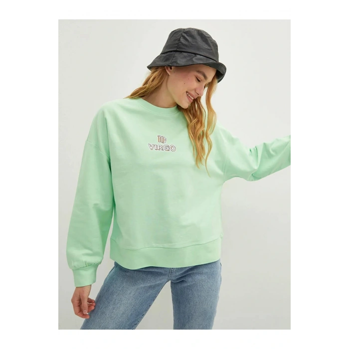 LCW Vision Yeşil Bisiklet Yaka Baskılı Uzun Kollu Kadın Sweatshirt