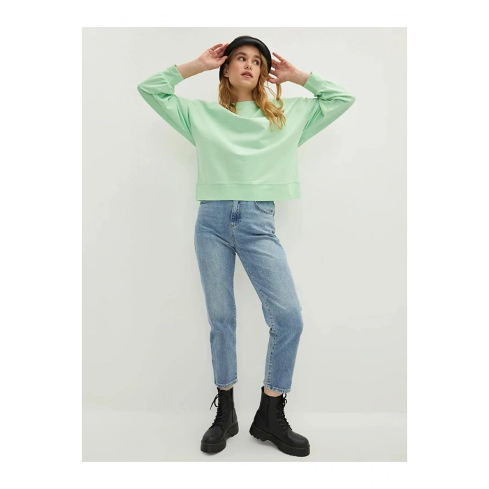 LCW Vision Yeşil Bisiklet Yaka Baskılı Uzun Kollu Kadın Sweatshirt