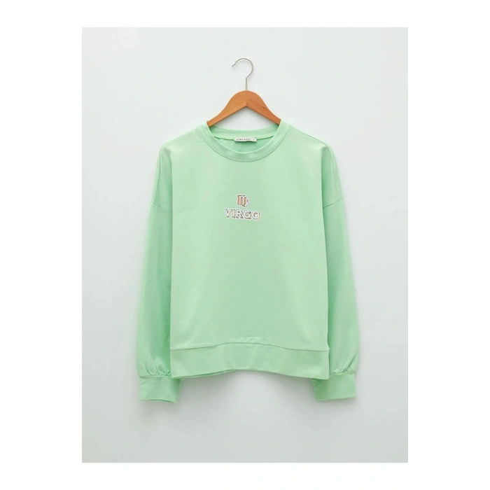 LCW Vision Yeşil Bisiklet Yaka Baskılı Uzun Kollu Kadın Sweatshirt