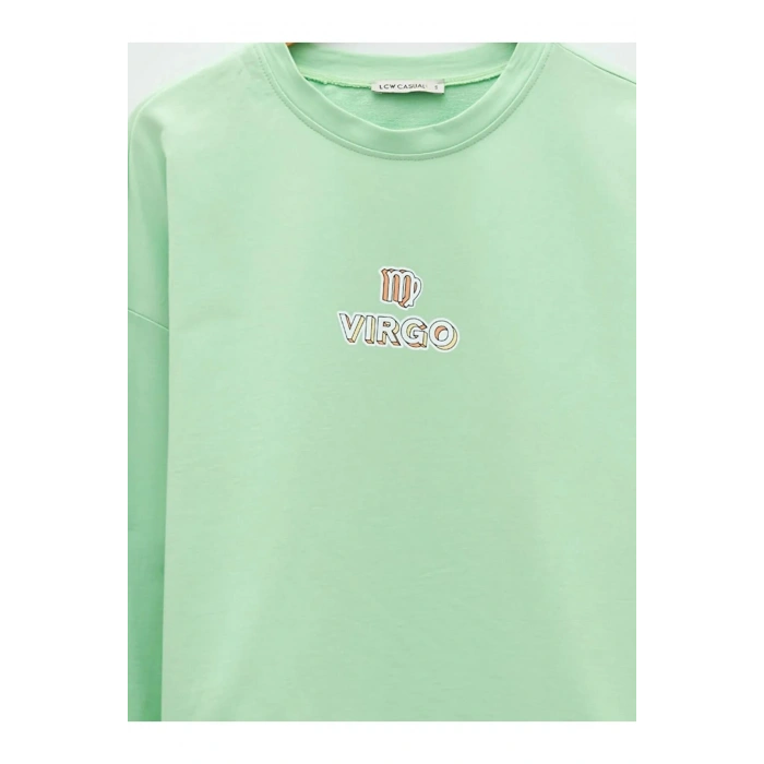 LCW Vision Yeşil Bisiklet Yaka Baskılı Uzun Kollu Kadın Sweatshirt