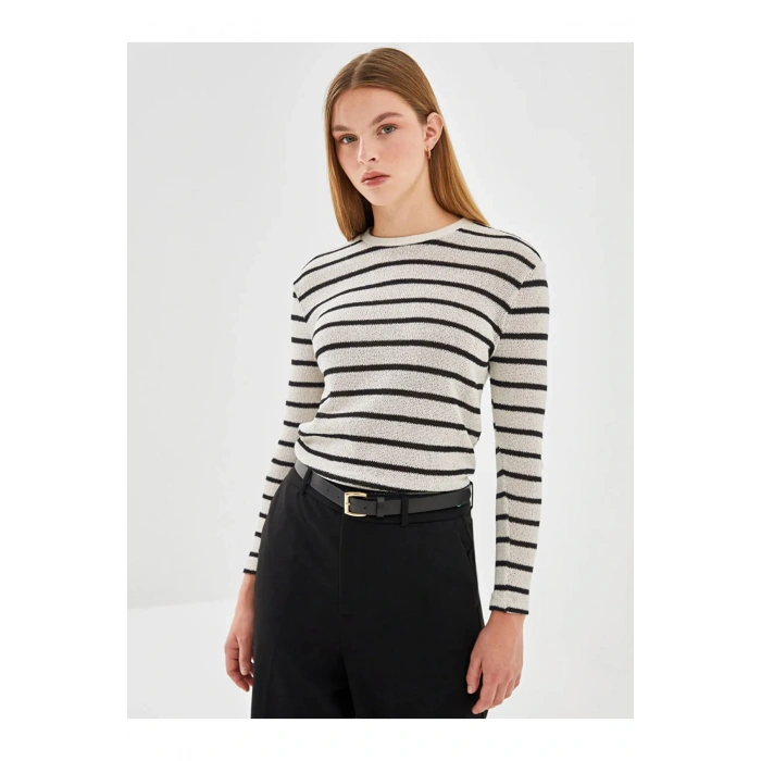 LCW Vision Ekru Çizgili Bisiklet Yaka Çizgili Kadın Kazak
