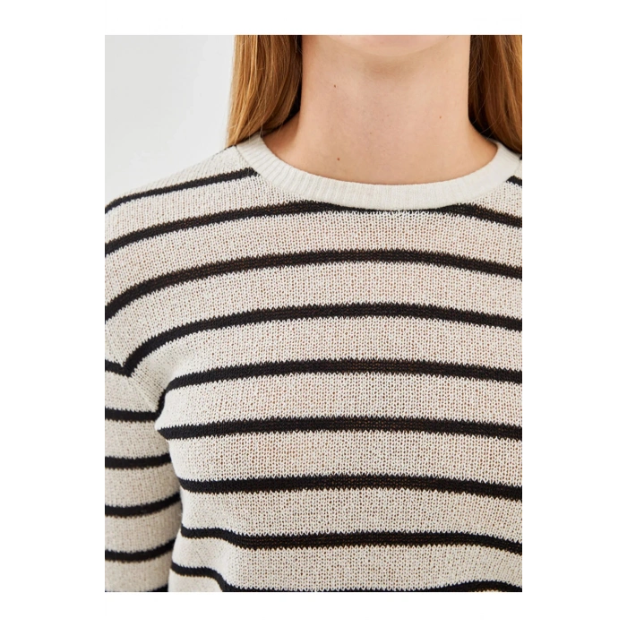 LCW Vision Ekru Çizgili Bisiklet Yaka Çizgili Kadın Kazak