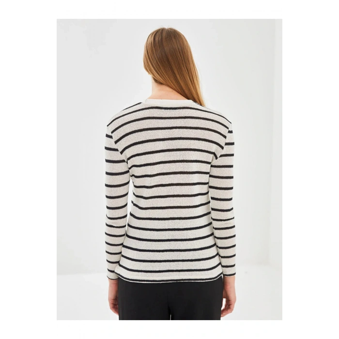 LCW Vision Ekru Çizgili Bisiklet Yaka Çizgili Kadın Kazak