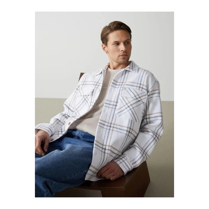 LCW VisionEkru Regular Fit Uzun Kollu Ekose Erkek Gömlek Ceket