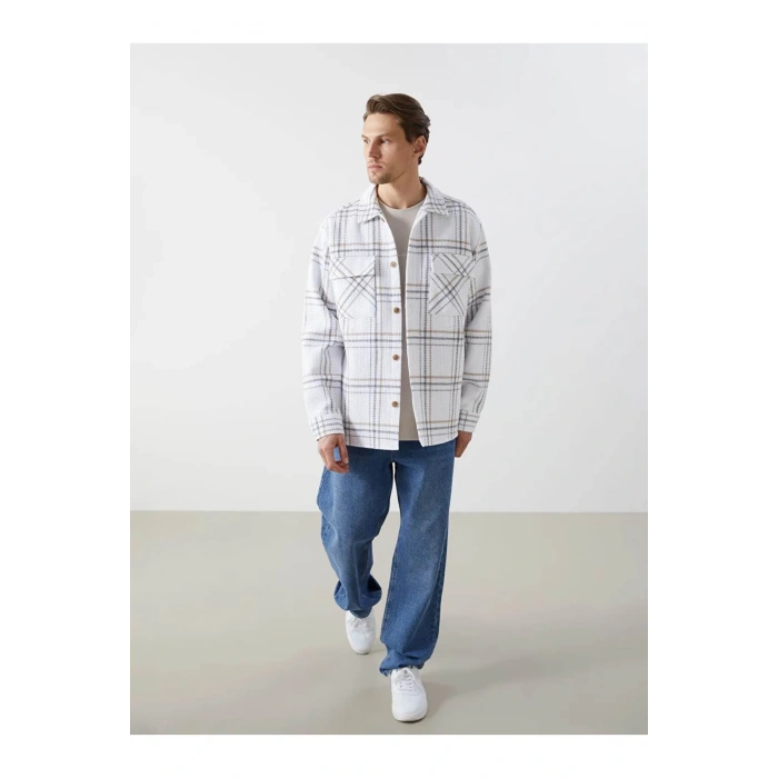 LCW VisionEkru Regular Fit Uzun Kollu Ekose Erkek Gömlek Ceket