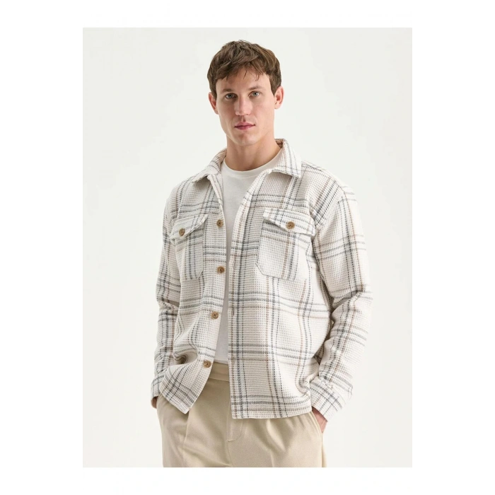 LCW VisionEkru Regular Fit Uzun Kollu Ekose Erkek Gömlek Ceket