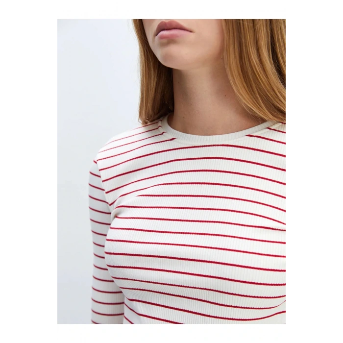 LCW Vision Kırmızı Cizgili Bisiklet Yaka Çizgili Kadın Tişört