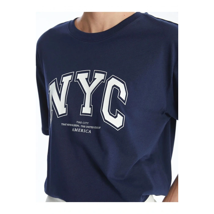 LCW Vision Lacivert Bisiklet Yaka Baskılı Kısa Kollu Oversize Kadın Tişört