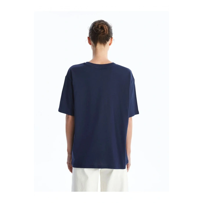 LCW Vision Lacivert Bisiklet Yaka Baskılı Kısa Kollu Oversize Kadın Tişört