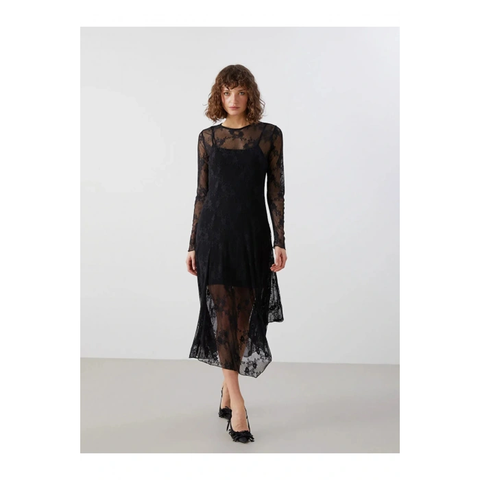 LCW Vision Siyah Bisiklet Yaka Dantel Detaylı Nakışlı Kadın Elbise