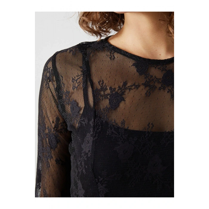 LCW Vision Siyah Bisiklet Yaka Dantel Detaylı Nakışlı Kadın Elbise