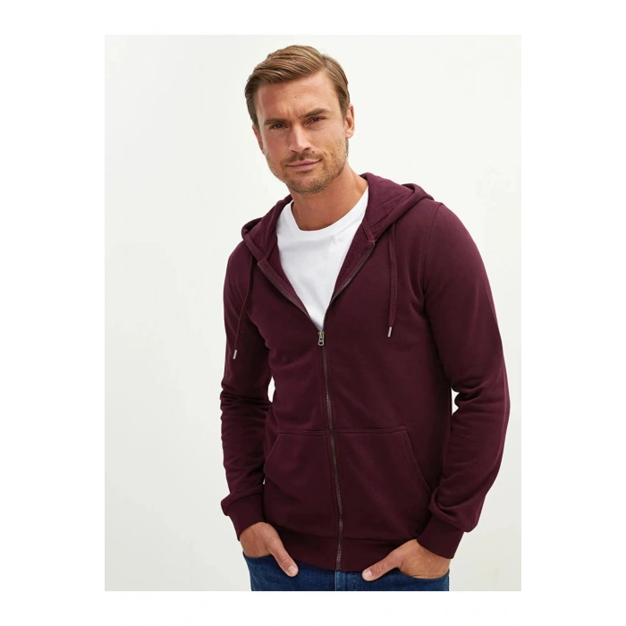 LCWAIKIKI Basic Bordo Kapüşonlu Uzun Kollu Erkek Fermuarlı Sweatshirt