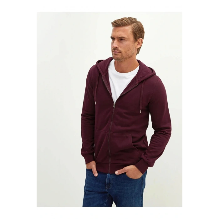 LCWAIKIKI Basic Bordo Kapüşonlu Uzun Kollu Erkek Fermuarlı Sweatshirt