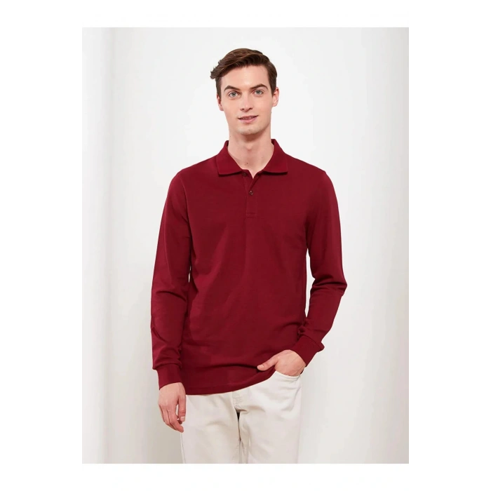 LCWAIKIKI Basic Bordo Polo Yaka Uzun Kollu Pike Erkek Tişört