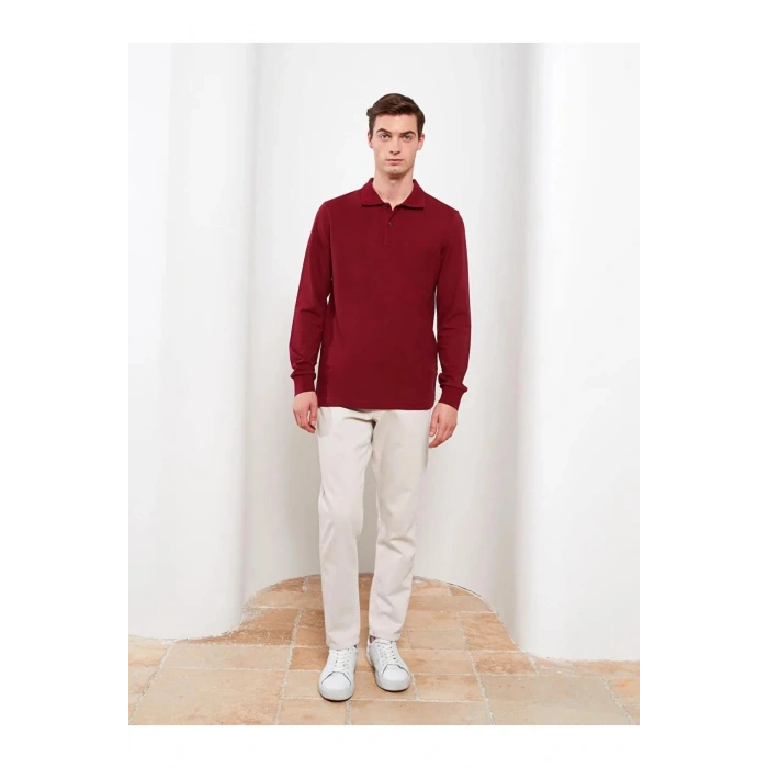 LCWAIKIKI Basic Bordo Polo Yaka Uzun Kollu Pike Erkek Tişört