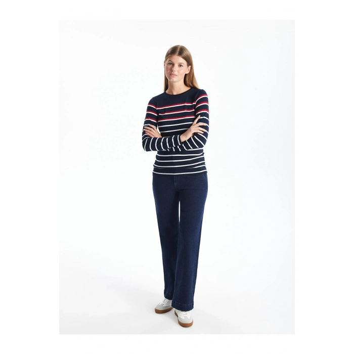 LCWAIKIKI Basic Çizgili Bisiklet Yaka Çizgili Kadın Tişört (W4)