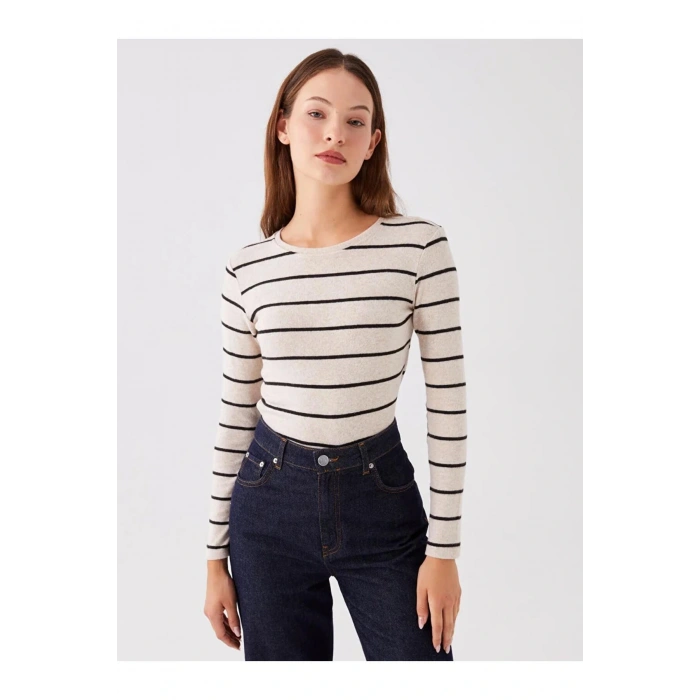 LCWAIKIKI Basic Ekru Bisiklet Yaka Çizgili Uzun Kollu Kadın Body