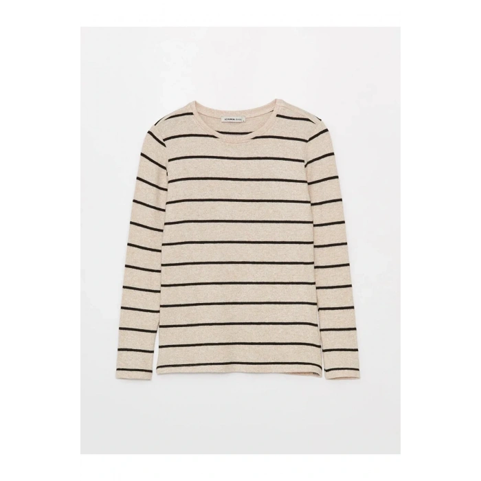 LCWAIKIKI Basic Ekru Bisiklet Yaka Çizgili Uzun Kollu Kadın Body