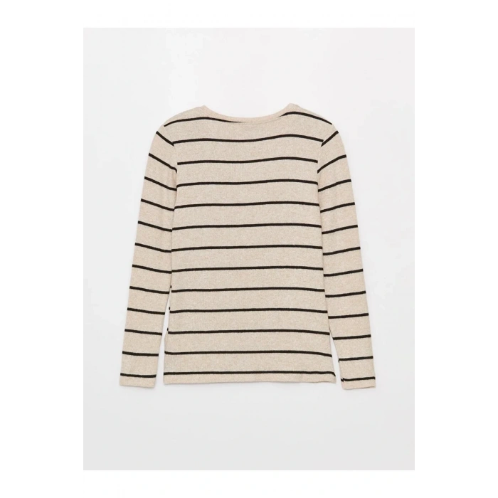 LCWAIKIKI Basic Ekru Bisiklet Yaka Çizgili Uzun Kollu Kadın Body