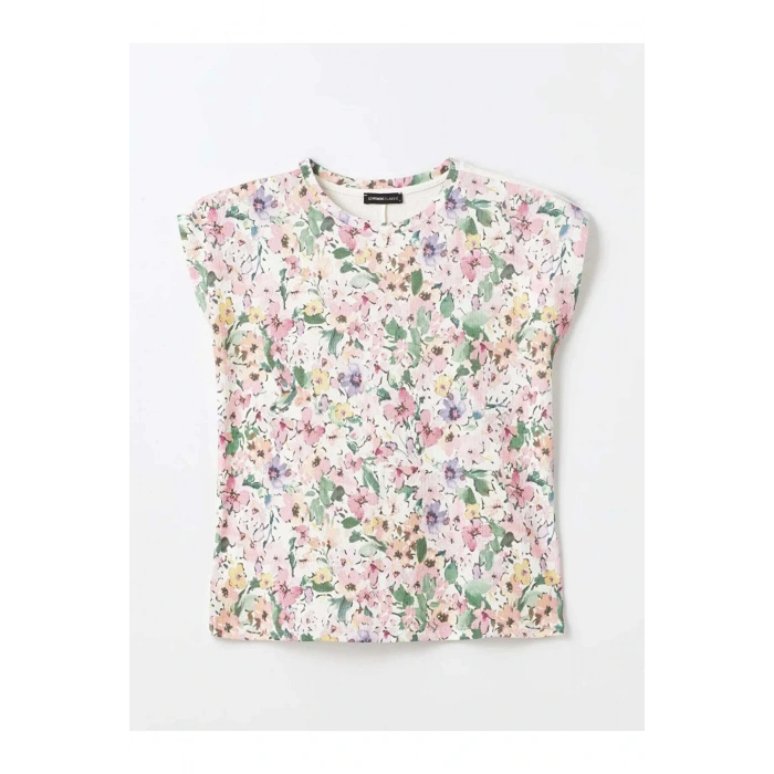 LCWAIKIKI Basic Karişik Bisiklet Yaka Çiçekli Kısa Kollu Kadın Tişört