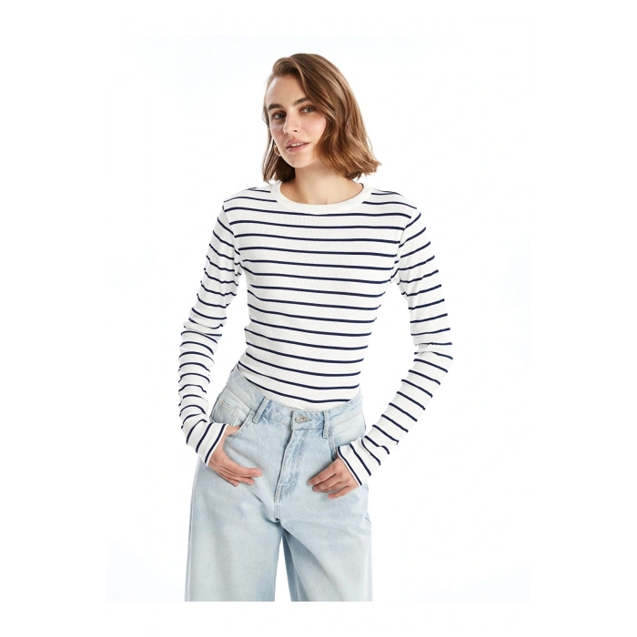 LCWAIKIKI Basic Lacivert Bisiklet Yaka Çizgili Kadın Body