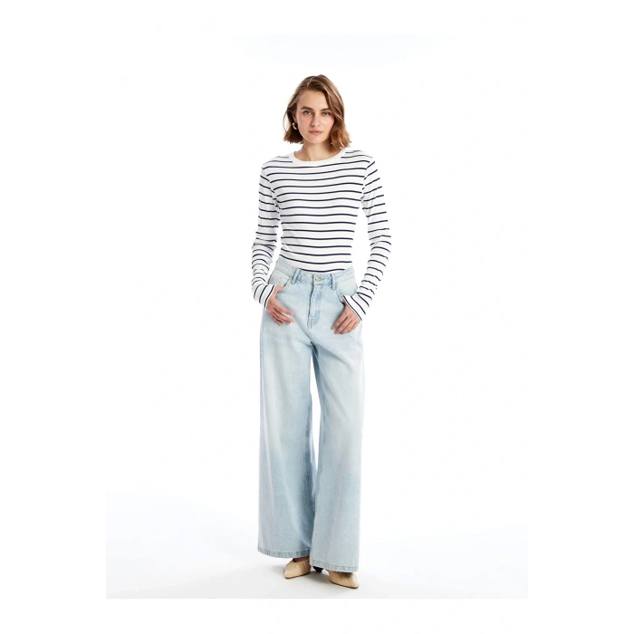 LCWAIKIKI Basic Lacivert Bisiklet Yaka Çizgili Kadın Body