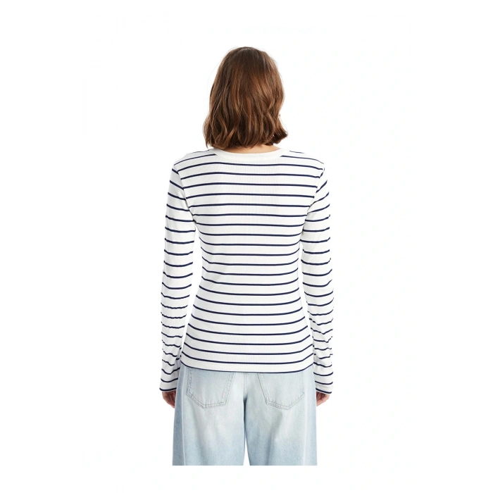 LCWAIKIKI Basic Lacivert Bisiklet Yaka Çizgili Kadın Body