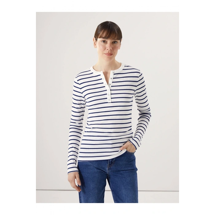 LCWAIKIKI Basic LACİVERT Bisiklet Yaka Çizgili Kadın Tişört