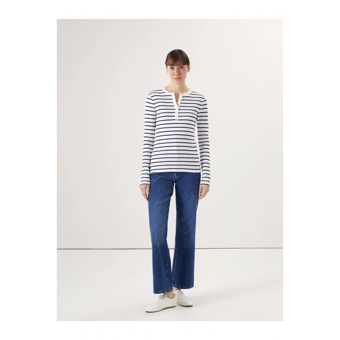 LCWAIKIKI Basic LACİVERT Bisiklet Yaka Çizgili Kadın Tişört