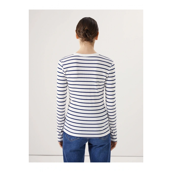 LCWAIKIKI Basic LACİVERT Bisiklet Yaka Çizgili Kadın Tişört