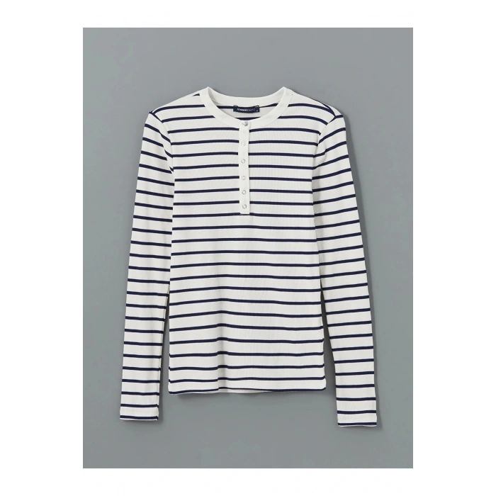 LCWAIKIKI Basic LACİVERT Bisiklet Yaka Çizgili Kadın Tişört