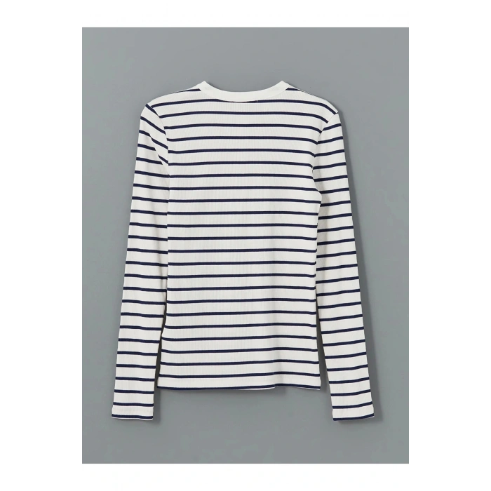 LCWAIKIKI Basic LACİVERT Bisiklet Yaka Çizgili Kadın Tişört