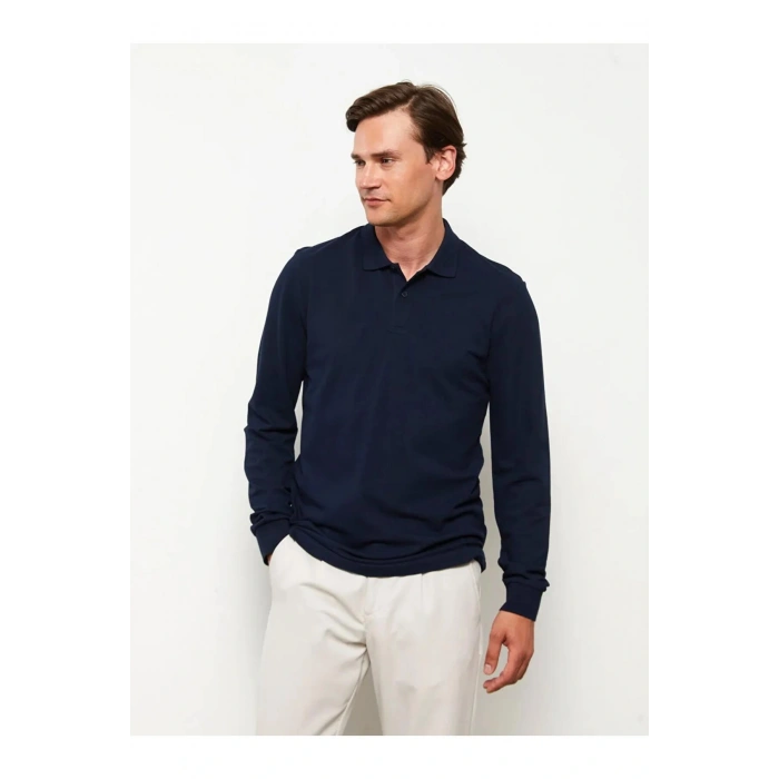 LCWAIKIKI Basic Lacivert Polo Yaka Uzun Kollu Pike Erkek Tişört