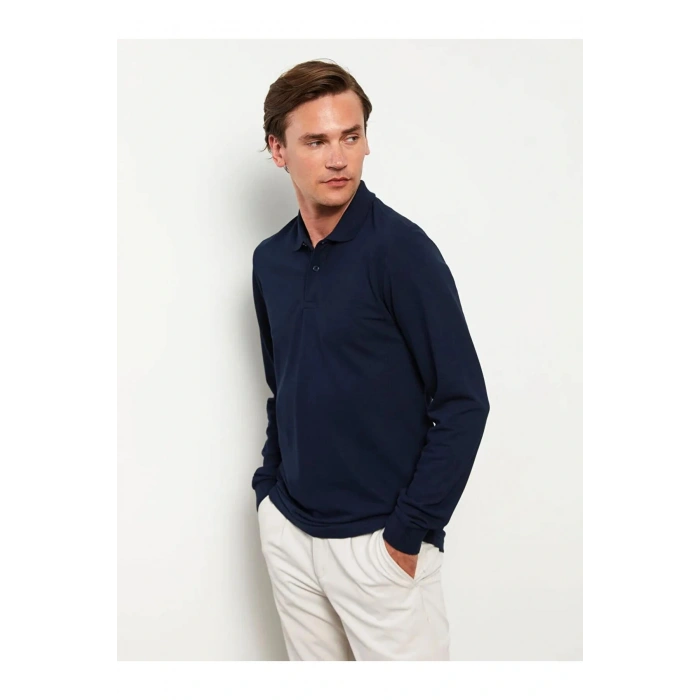 LCWAIKIKI Basic Lacivert Polo Yaka Uzun Kollu Pike Erkek Tişört