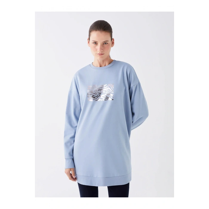 LCWAIKIKI Basic Mat Mavi Bisiklet Yaka Baskılı Uzun Kollu Oversize Kadın Sweatshirt Tunik