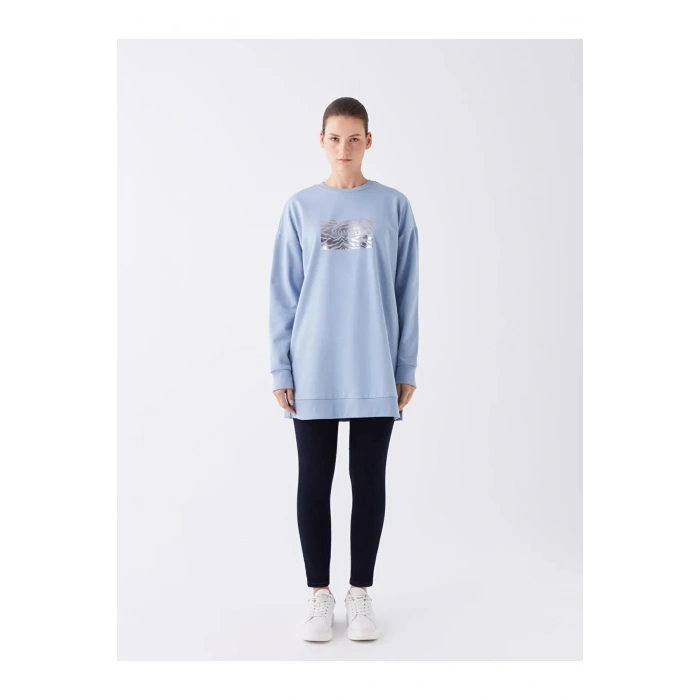 LCWAIKIKI Basic Mat Mavi Bisiklet Yaka Baskılı Uzun Kollu Oversize Kadın Sweatshirt Tunik