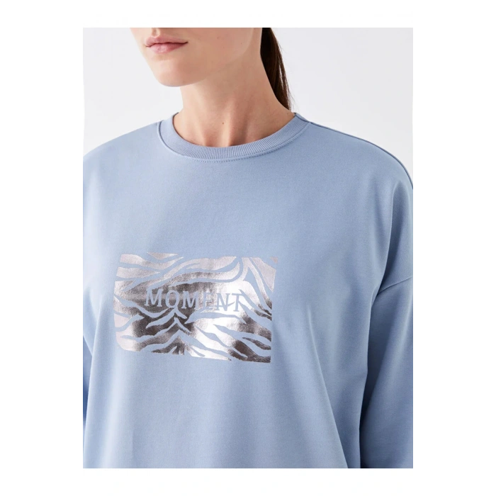 LCWAIKIKI Basic Mat Mavi Bisiklet Yaka Baskılı Uzun Kollu Oversize Kadın Sweatshirt Tunik