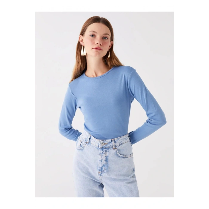 LCWAIKIKI Basic Mavi Bisiklet Yaka Düz Uzun Kollu Kadın Tişört