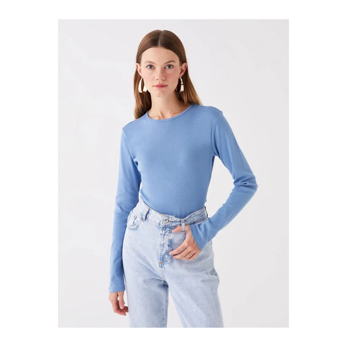 LCWAIKIKI Basic Mavi Bisiklet Yaka Düz Uzun Kollu Kadın Tişört