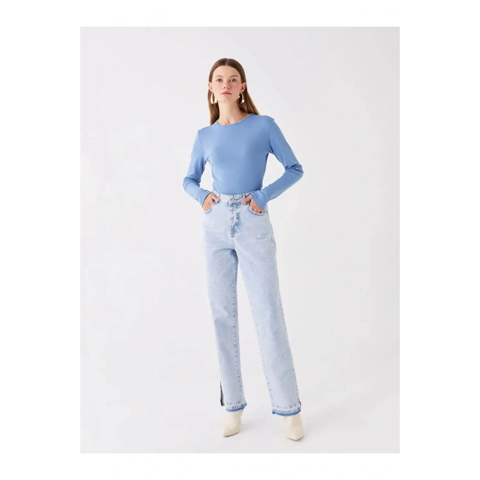 LCWAIKIKI Basic Mavi Bisiklet Yaka Düz Uzun Kollu Kadın Tişört